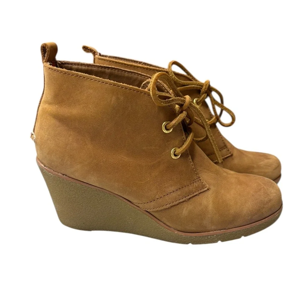 Sperry Women's Retro Tan Leather Lace‑Up Ankle Booties Wedge Heel Casual 6.5‎